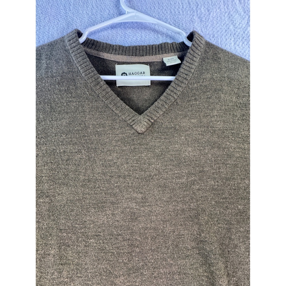 Haggar Mens XL V-Neck Sweater Olive Green Heathered Long Sleeve Knit Pullover